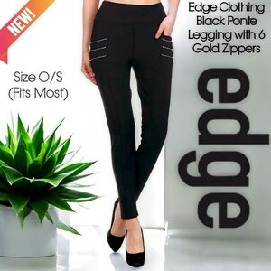NEW Edge Clothing Black Ponte Legging with 6 Gold Zippers